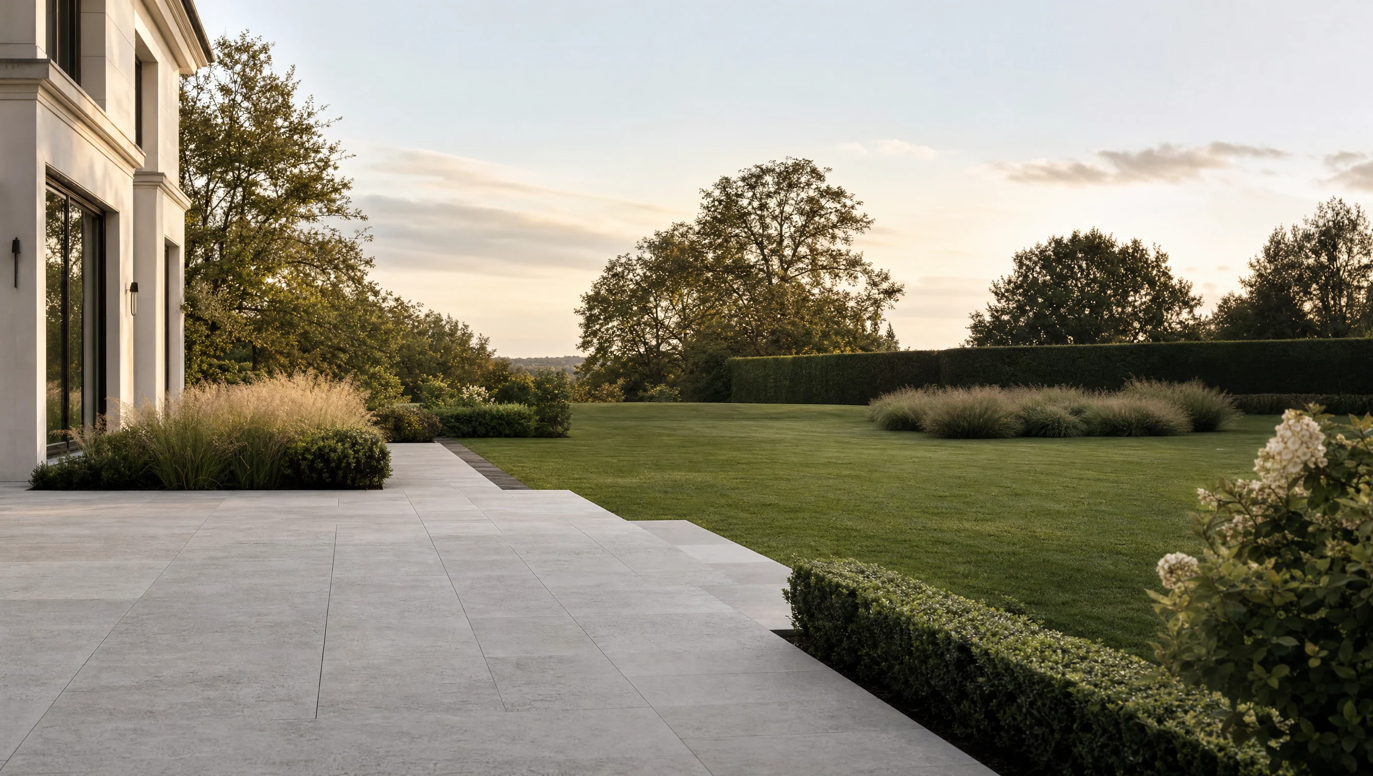 Sonnendurchflutete, fertige Gartenanlage mit anthrazitem Großformat-Pflaster, Holz-Lounge und gepflegtem Rasen zur goldenen Stunde